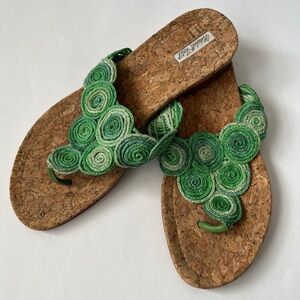 Vintage Marshall Field’s Green Textile Cork Calypso Thong Sandal Size 8